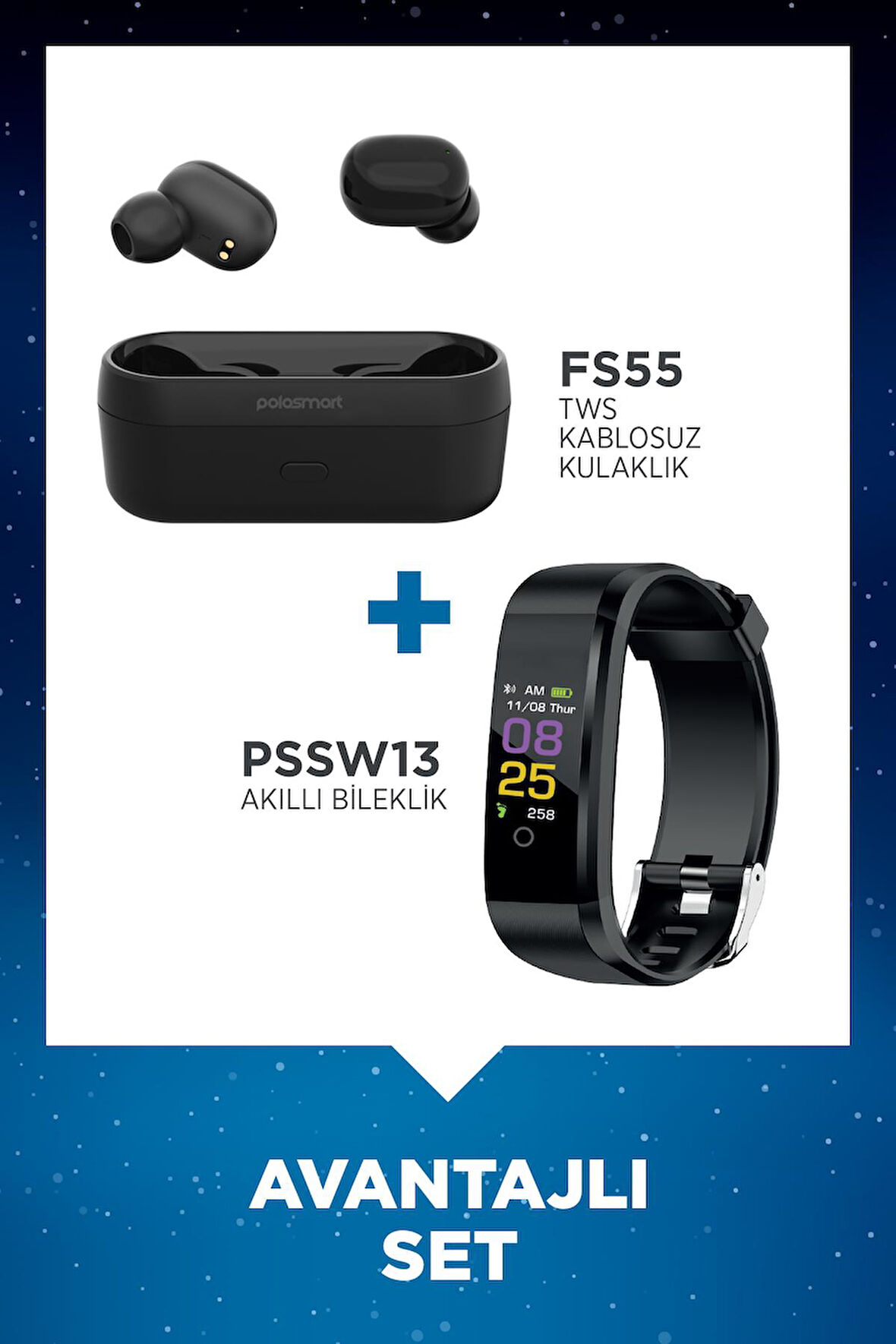 Polosmart FS55 Kablosuz Kulaklık + Polosmart PSSW13 Akıllı Bileklik Set Siyah
