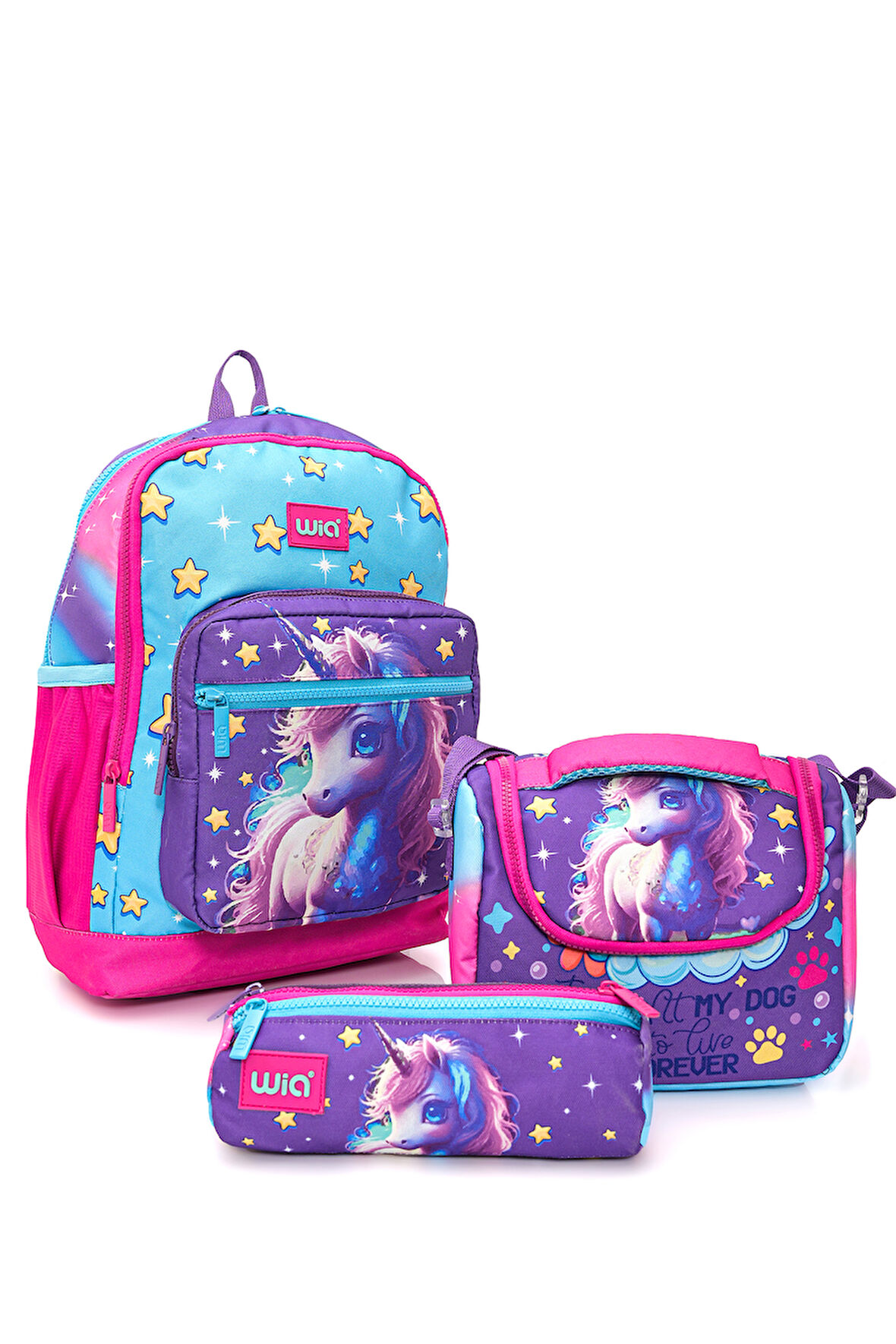 Wia Kız Çocuk Unicorn Desenli 3'lü Okul Çanta Seti
