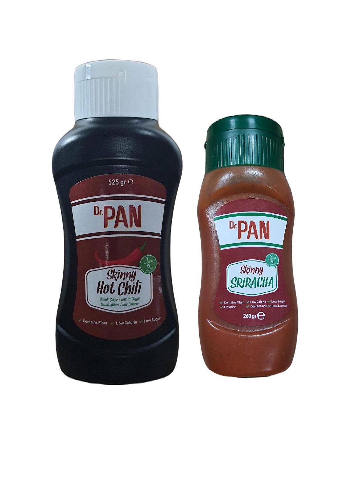 Dr. Pan 2'li Şekersiz Sos Paketi Hot Chili Sos 525 gr ve Sriracha Sosu 260 gr Şekeriz Düşük Kalorili