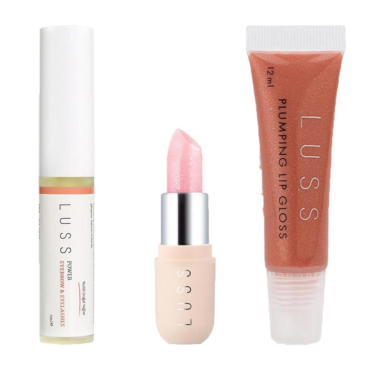 Luss Lip Gloss Dudak Parlatıcısı No7 Dudak Balm no1 Ve Kaş Ve Kirpik Besleyici Serum 3lü Set