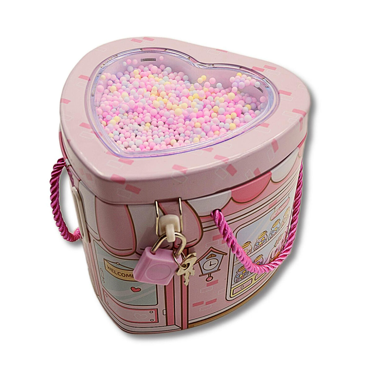 Linea Kilitli Metal Kalp Şekilli Kumbara (0356) Pembe