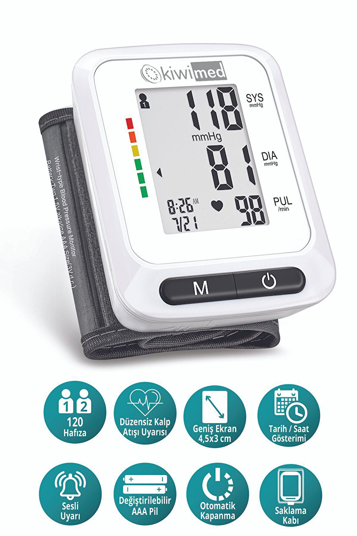 Med Bilekten Ölçer Dijital Tansiyon Aleti , Nabız Ölçer , 2 X 120 Ölçüm Hafıza , Saklama Kutulu