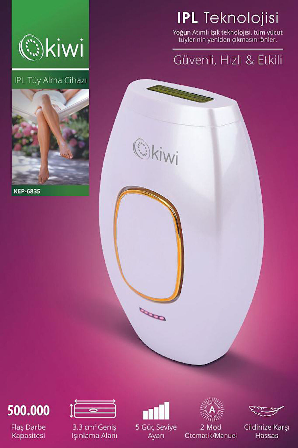 Kiwi Ipl  Lazer Epilasyon Tüy Alma Cihazı Otomatik Yüz,vücut,hassas Bölge Kullanımı 500.000 Atım 6835
