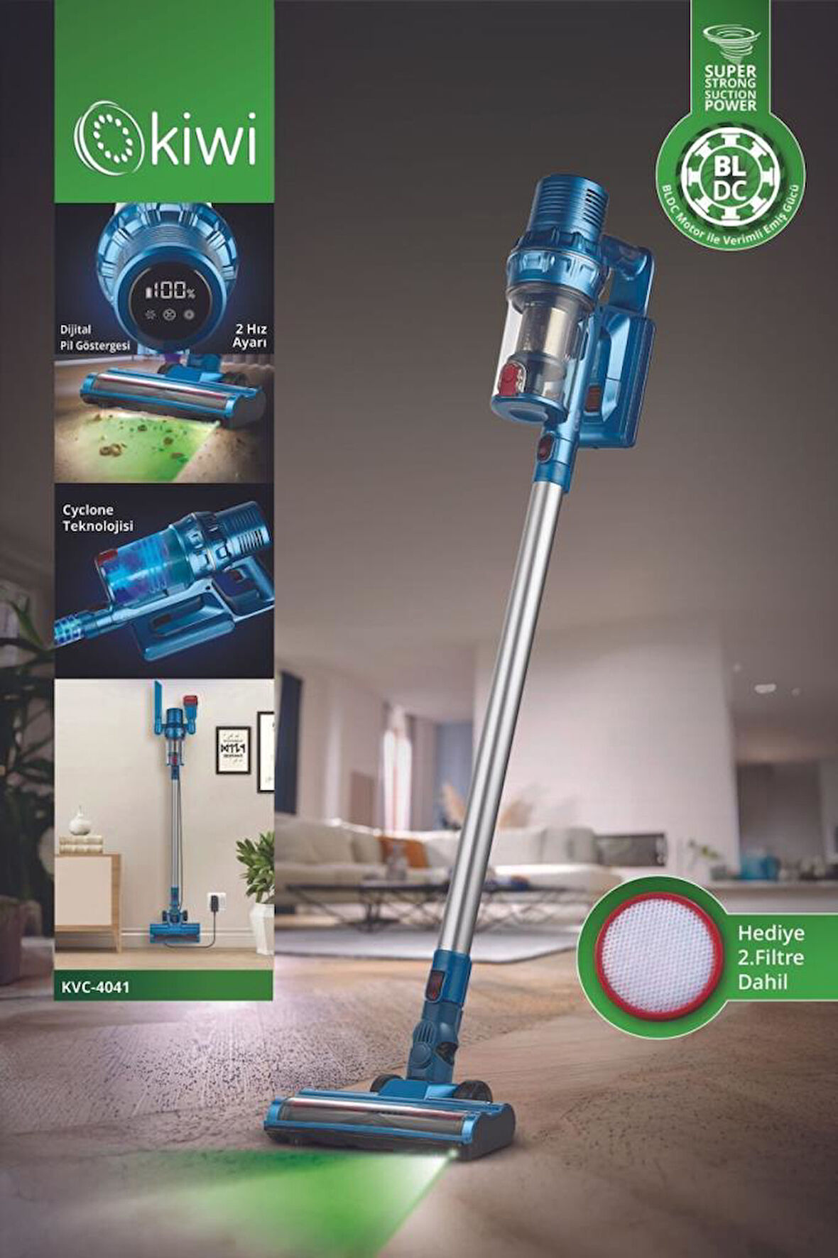 Kiwi KVC-4041 Şarjlı Lityum Pilli Bldc Motor 2si 1 Arada El Süpürgesi ve Dik Süpürge Mavi