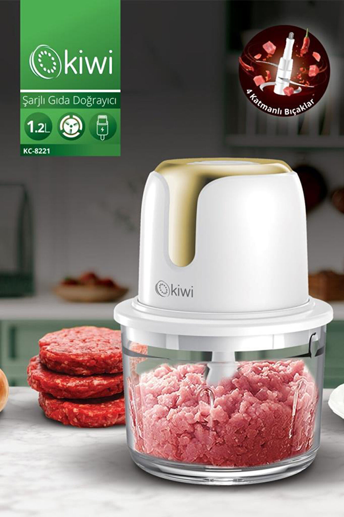 Kiwi KC-8221 Kablosuz Şarjlı Gıda Doğrayıcı 1.2 L Gold