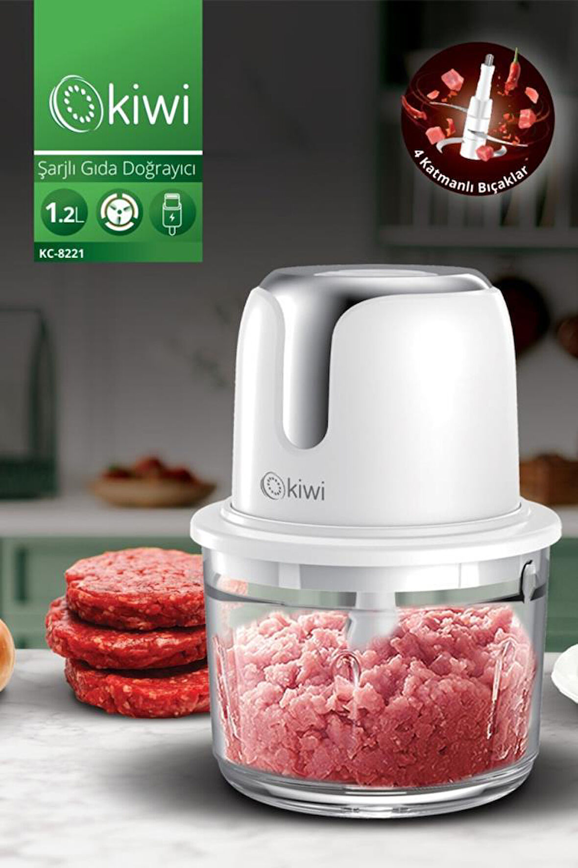 Kiwi KC-8221 Kablosuz Şarjlı Gıda Doğrayıcı 1.2 L Gümüş