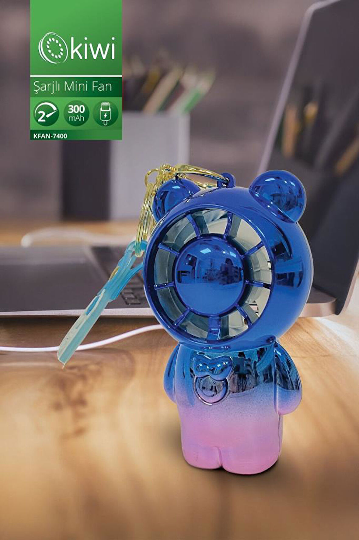 Kiwi KFAN-7400 Şarjlı Portatif Taşınabilir Ultra Sessiz Mini Fan Mavi