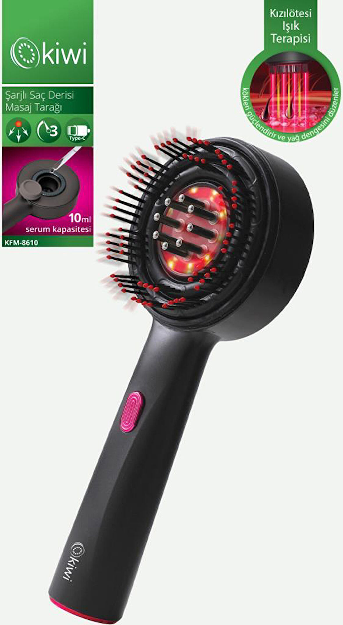 Kiwi Kfm-8610 Kızılötesi Işıklı Şarjlı Saç Derisi Masaj Tarağı