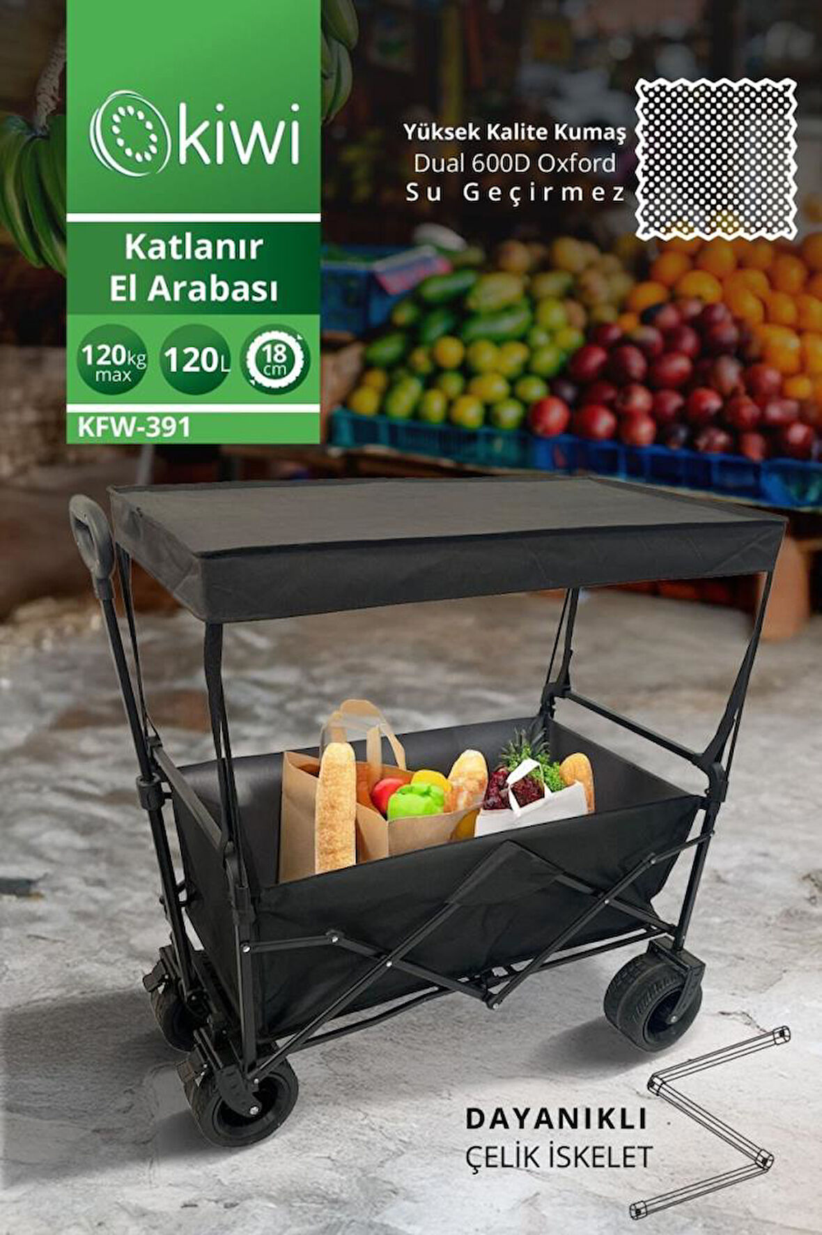 Kiwi KFW-391 Katlanabilir Su Geçirmez Market Arabası Siyah