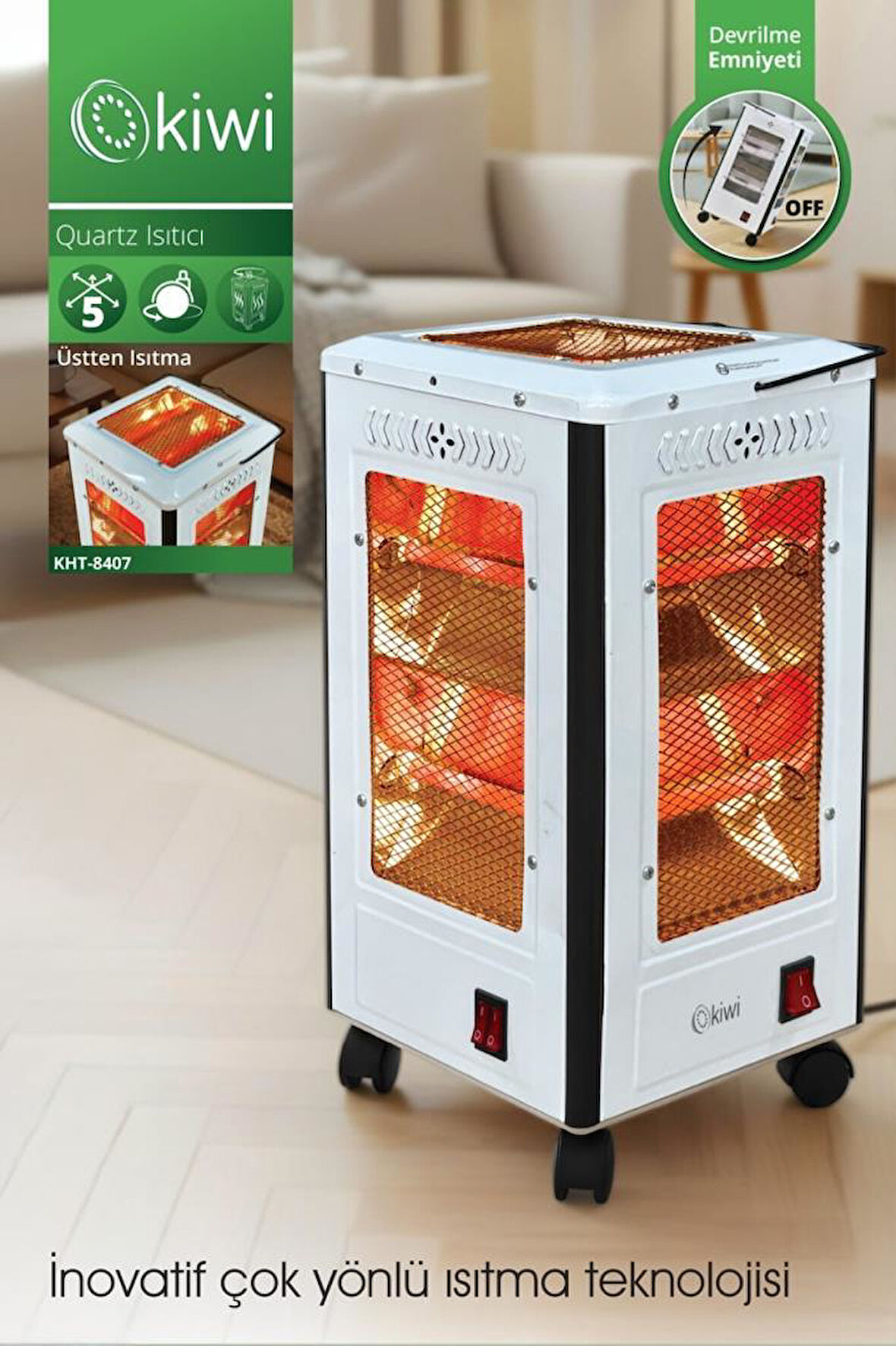 Kiwi KHT-8407 Quartz Isıtıcı 5 Yönlü Isıtma & Enerji Tasarruflu Kuvars Tüp & Taşınabilir Tasarım