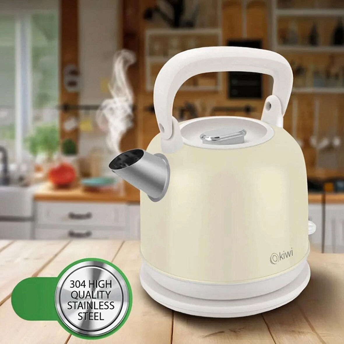 Kiwi KK-3340C Paslanmaz Çelik Retro Su Isıtıcı Kettle - Krem