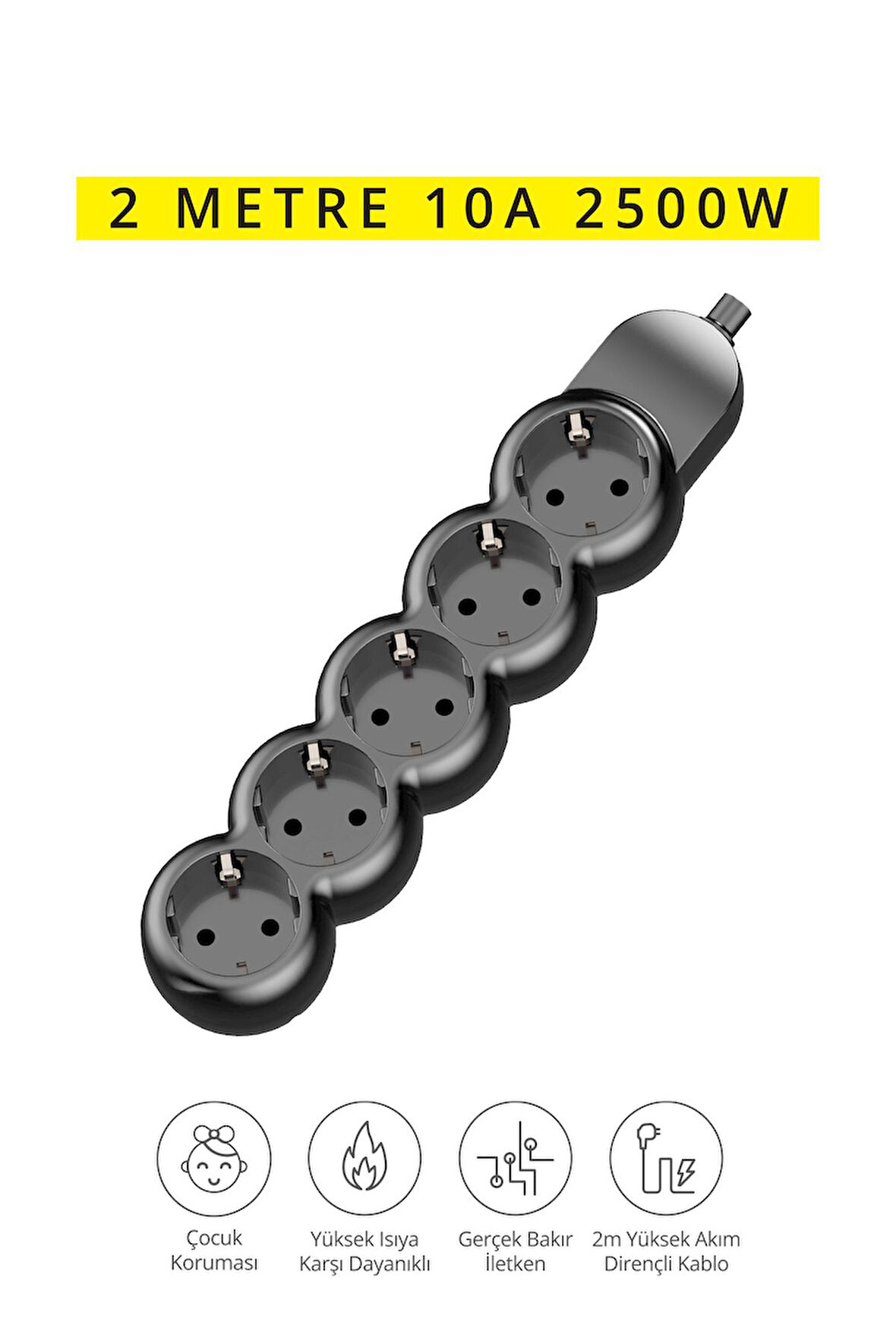 45620 Akım Korumalı 5'li Priz Uzatma Kablosu / Çocuk Koruması / 2 Metre Kablo / Isıya Dayanıklı