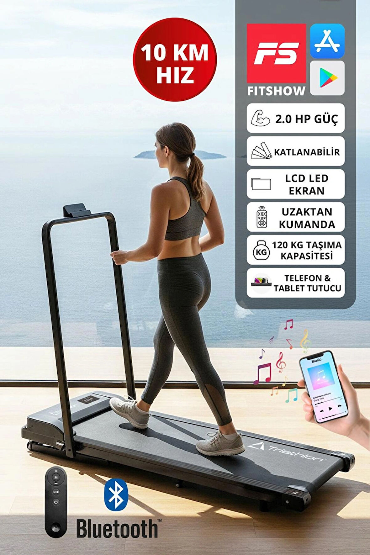 T-220 Katlanabilir Yürüyüş ve Koşu Bandı / Bluetooth ve Hoparlör/2HP Motor/ 10 KM/ Uzaktan Kum