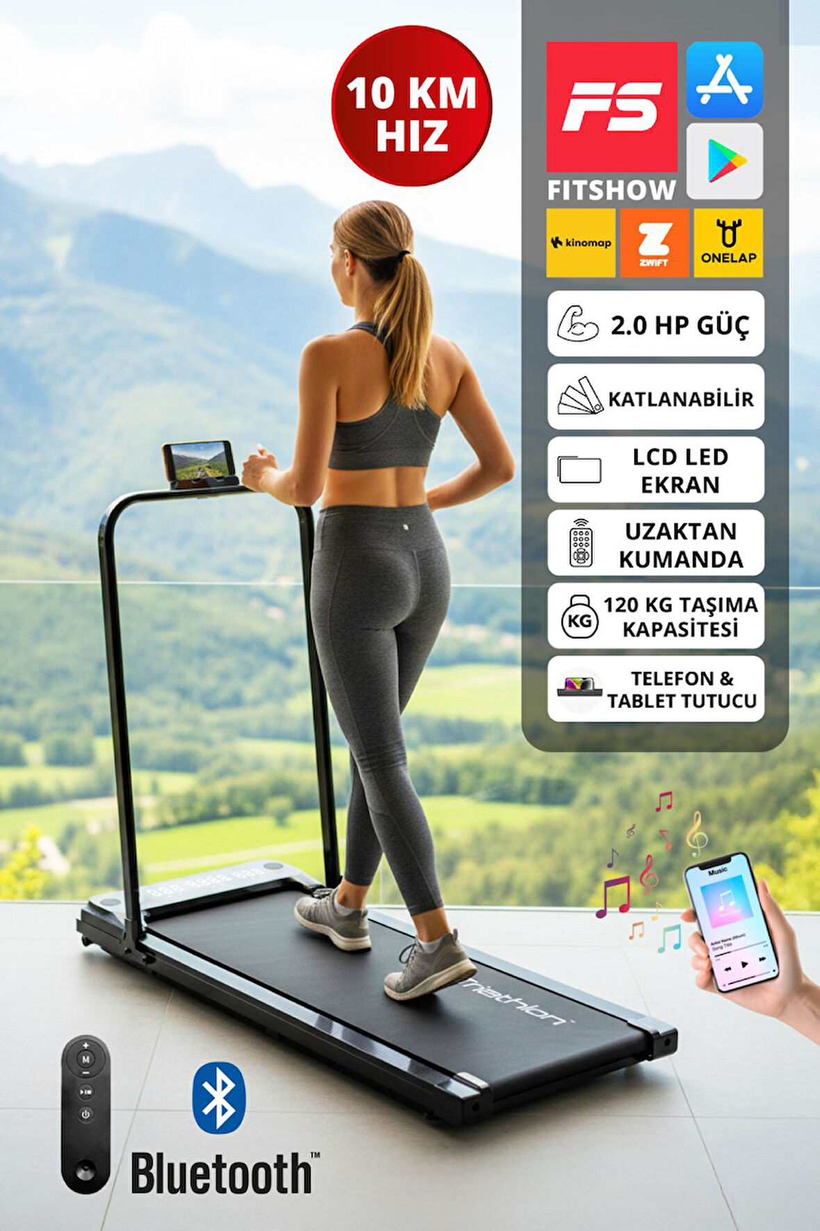 T-228 Katlanabilir Yürüyüş ve Koşu Bandı / Bluetooth ve Hoparlör/2HP Motor/10 KM Hız/Uzaktan Kumanda