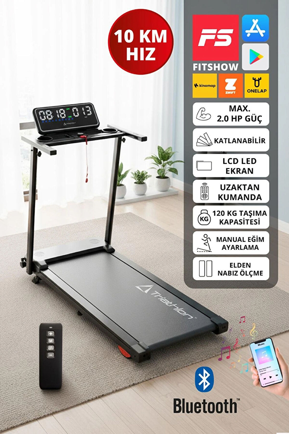 T-229 Katlanabilir Koşu Bandı / LCD LED Ekran /Bluetooth ve Hoparlör/2HP Güç 10 KM Hız/ Nabız Ölçme