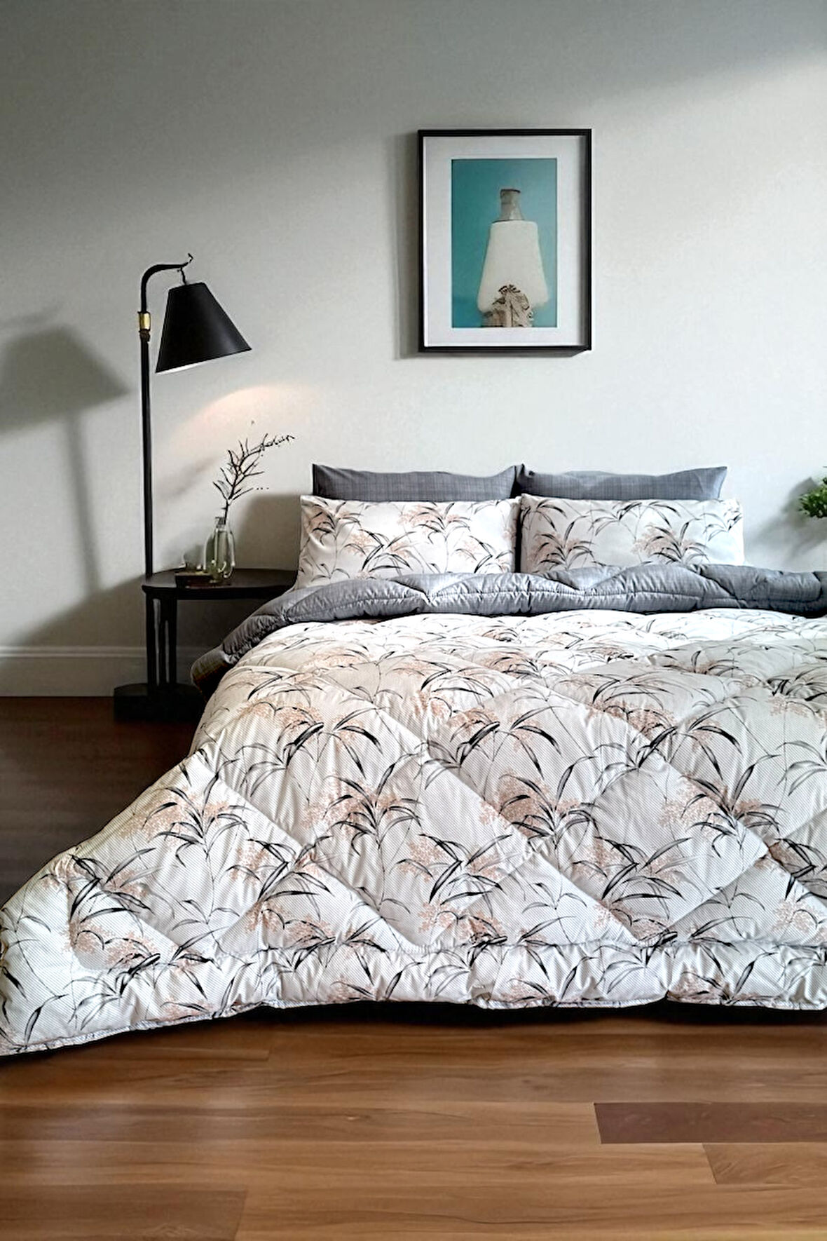 Alla Turca Çift Kişilik 4 Yastık Kılıflı Lastikli Çarşaflı Çift Taraflı Desenli Uyku Seti-Natura Gri