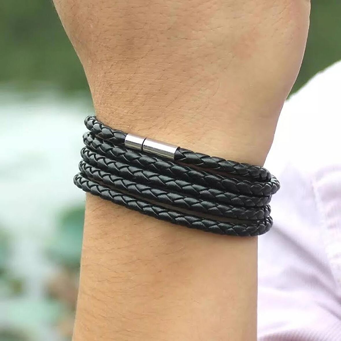 Gogoey Erkek Deri Bileklik Paslanmaz Çelik Metal Gümüş Bilezik siyah erkek Takı İçin Toka