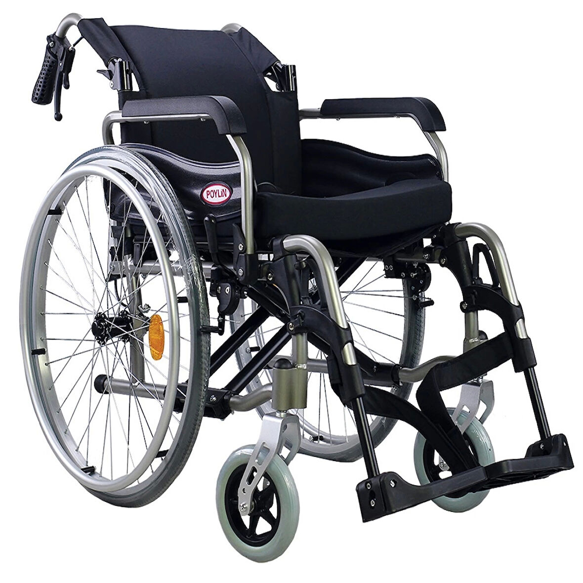 Poylin Alüminyum Hafif Tekerlekli Sandalye | Katlanabilir Çift Makaslı Şase, Çıkarılabilir Teker ve Ayaklık, Anti-Tipper Destekli P957