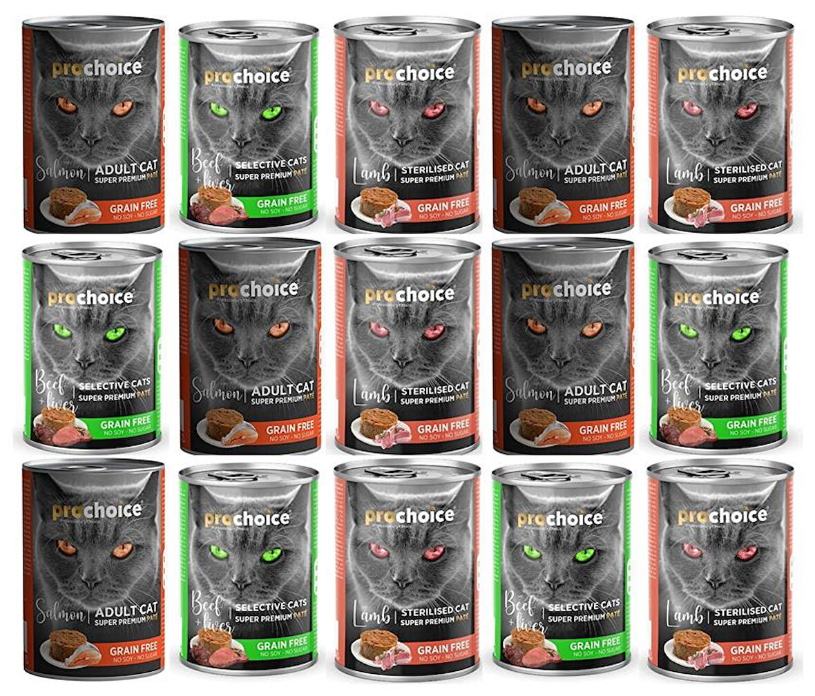 Pro Choice Somon-Kuzu-Biftek Aromalı Karışık Yetiskin Kedi Konservesi 400gr*15 Adet