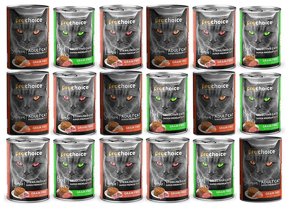 Pro Choice Somon-Kuzu-Biftek Aromalı Karışık Yetiskin Kedi Konservesi 400gr*18 Adet