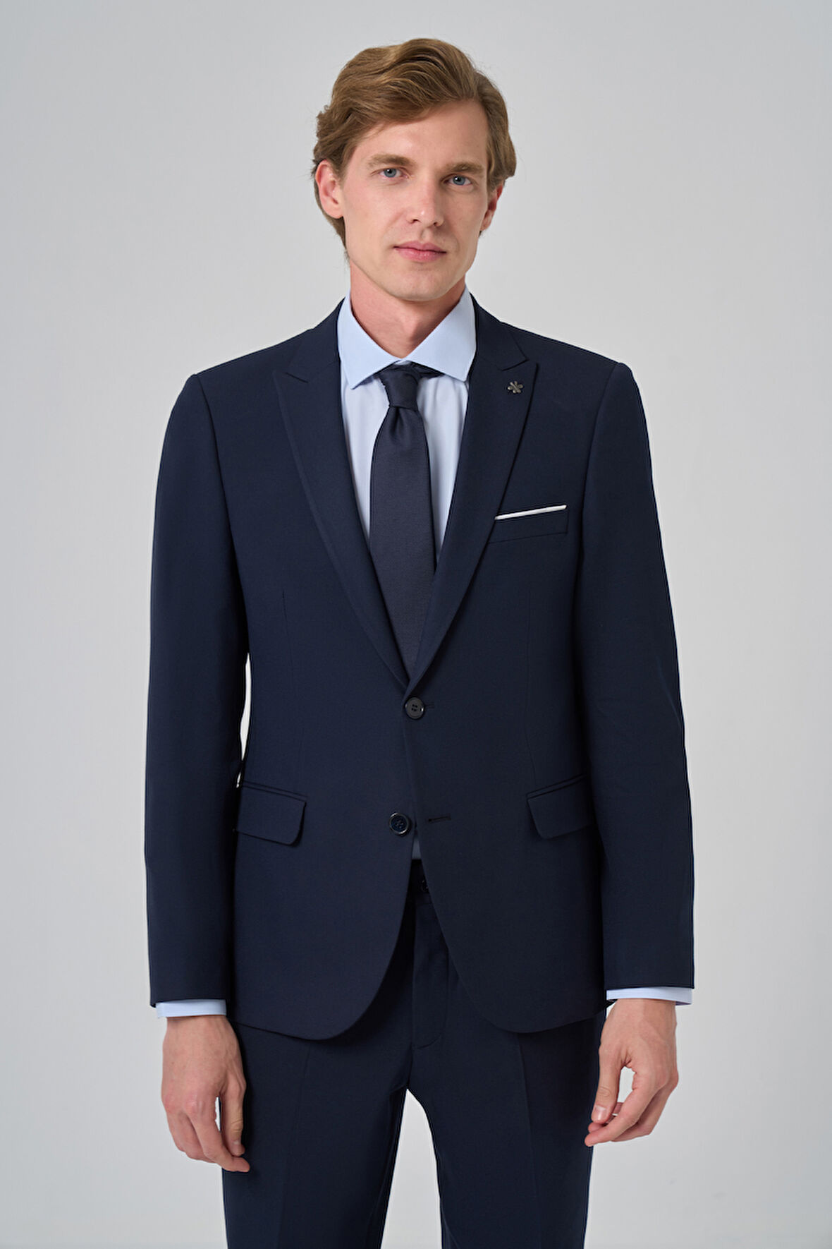 Erkek Lacivert Basic Düz Slim Fit Takım Elbise (GÖMLEK,KRAVAT HEDİYE)