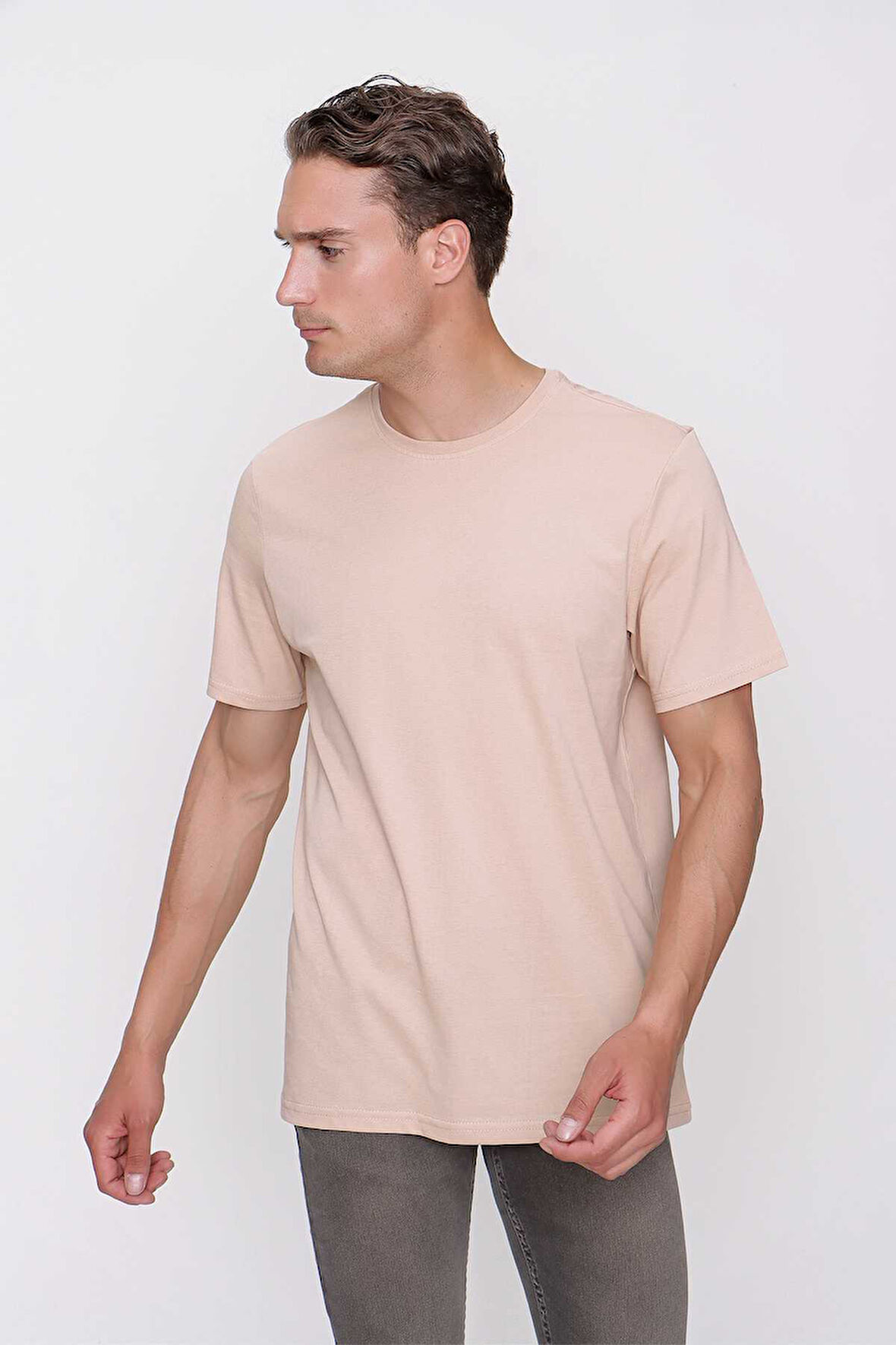 Erkek Bej Basic Düz %100 Pamuk Bisiklet Yaka Slim Fit Dar Kesim Kısa Kollu Tişört