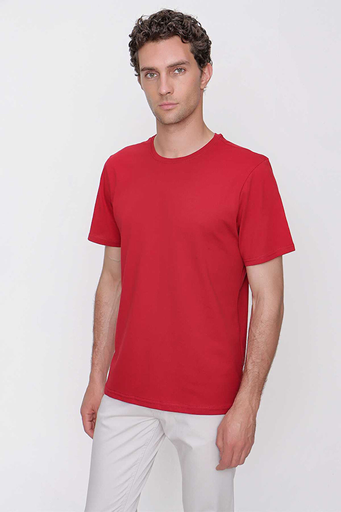 Erkek Bordo Basic Düz %100 Pamuk Bisiklet Yaka Slim Fit Dar Kesim Kısa Kollu Tişört
