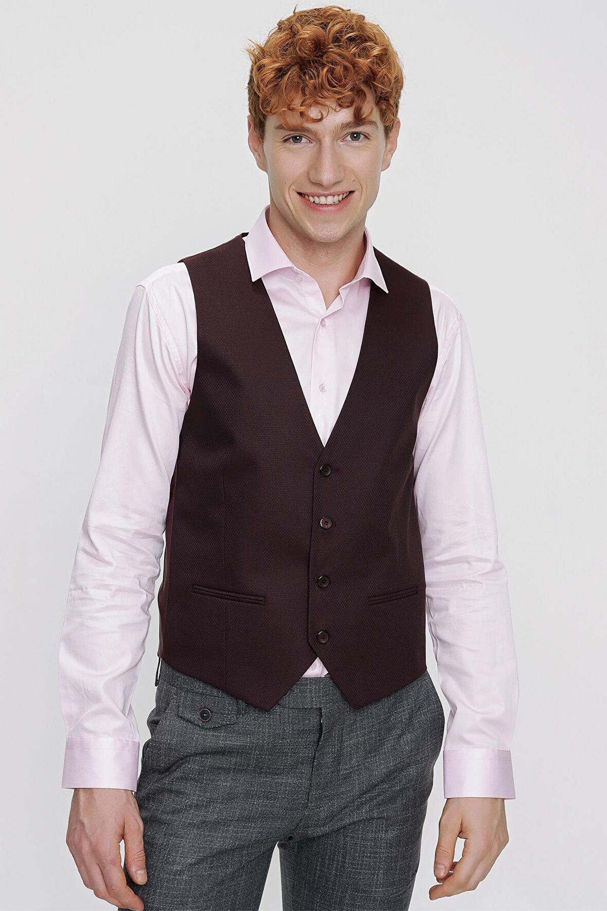  Erkek Bordo Jakarlı Slim Fit Dar Kesim Yelek