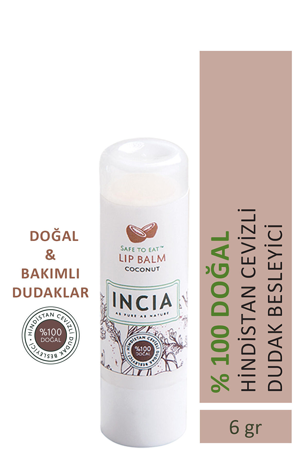 INCIA %100 Doğal Dudak Besleyici Hindistan Cevizi Bitkisel Nemlendirici Dudak Bakım Kremi 6 G