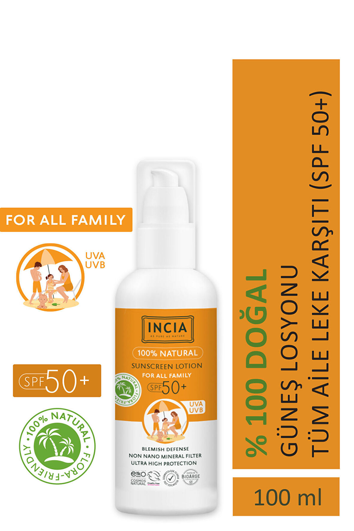 INCIA %100 Doğal Tüm Aile için Güneş Losyonu 50 SPF 100ml