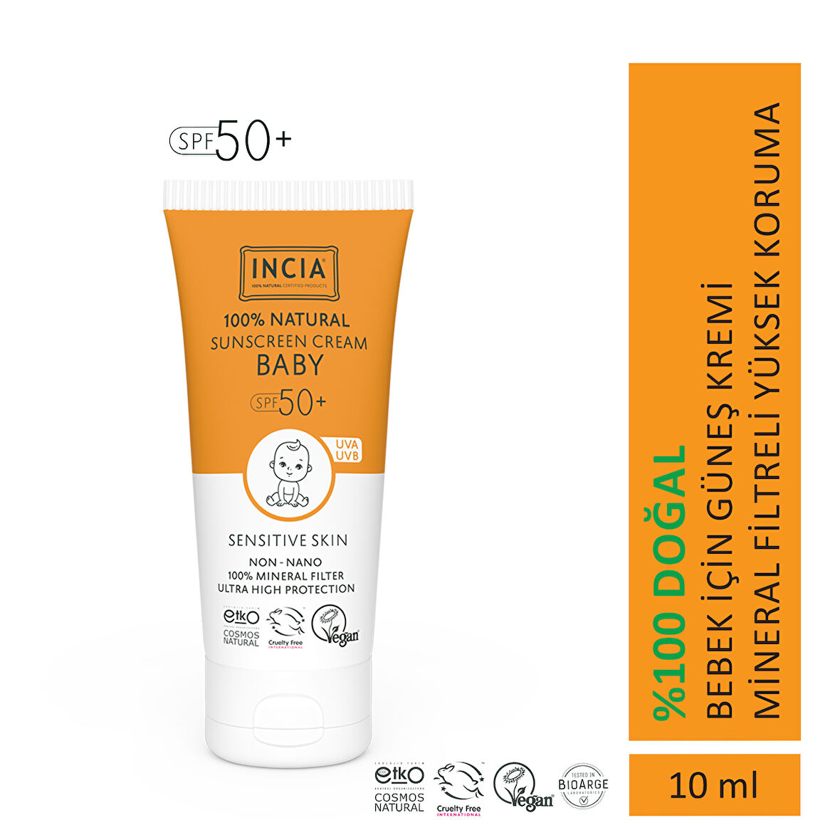 INCIA %100 Doğal Bebek Güneş Kremi Leke Karşıtı Mineral Filtreli Yüksek Koruma SPF 50+ UVA UVB 10 ml