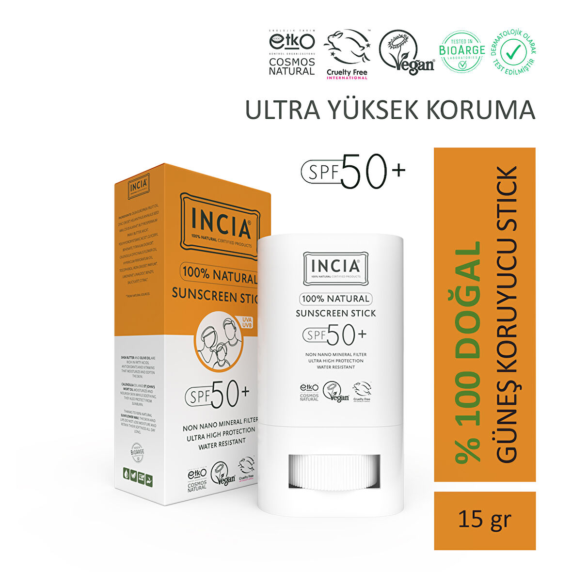 INCIA 100% Doğal Güneş Koruyucu Sun Stick Mineral Filtreli Hassas Cilt Bitkisel UVA UVB SPF50+ 15 gr