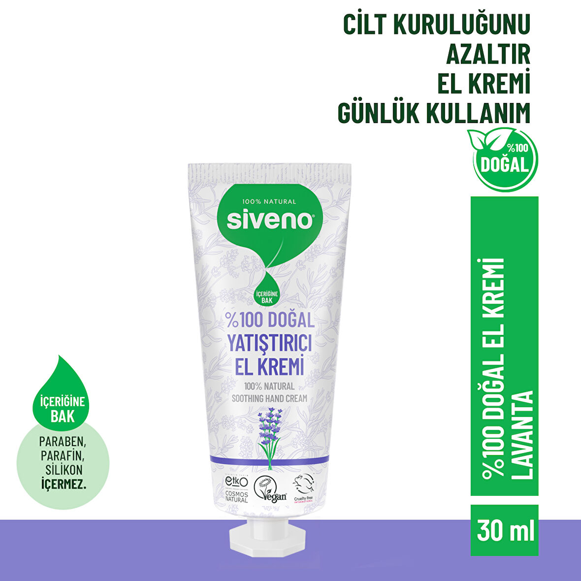 Siveno %100 Doğal El ve Vücut Kremi Lavanta Cilt Yatıştırıcı Onarıcı Yoğun Nemlendirici Vegan 30 ml