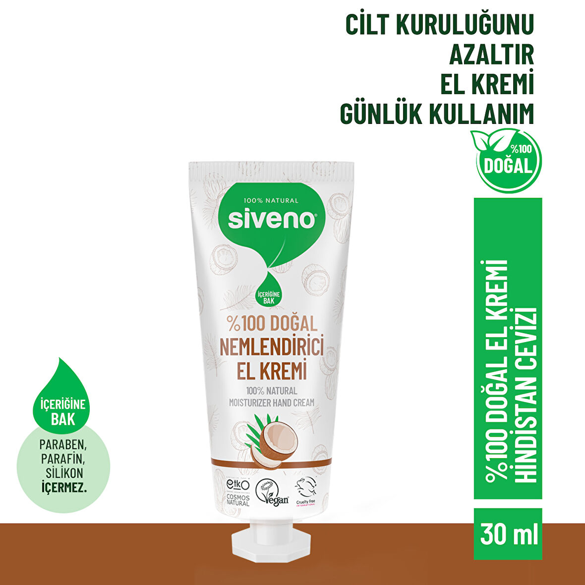 Siveno %100 Doğal El ve Vücut Kremi Hindistan Cevizi Avokado Yoğun Nemlendirici Onarıcı Vegan 30 ml