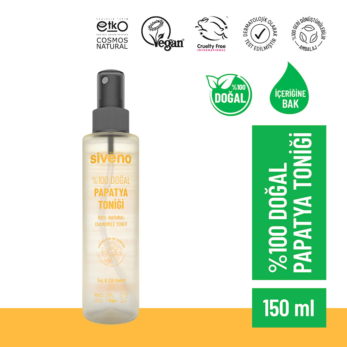 Siveno %100 Doğal Papatya Suyu Aydınaltma Etkili Arındırıcı Rahatlatıcı Saç ve Cilt Toniği 150 ml