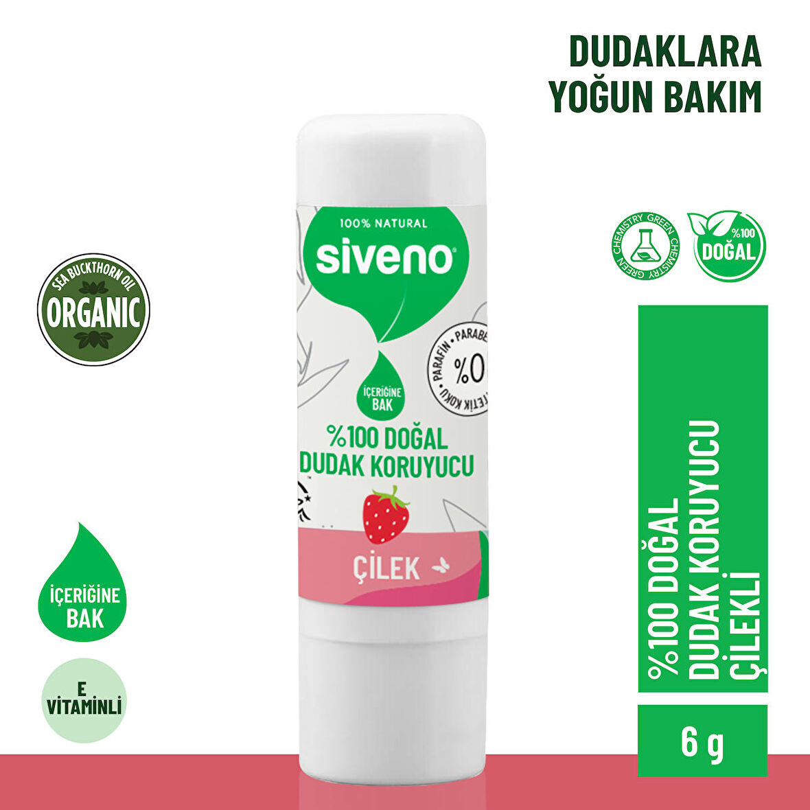 Siveno %100 Doğal Dudak Koruyucu Çilek Bitkisel Lipbalm Dudak Kremi Nemlendirici Parlatıcı Onarıcı 6 G