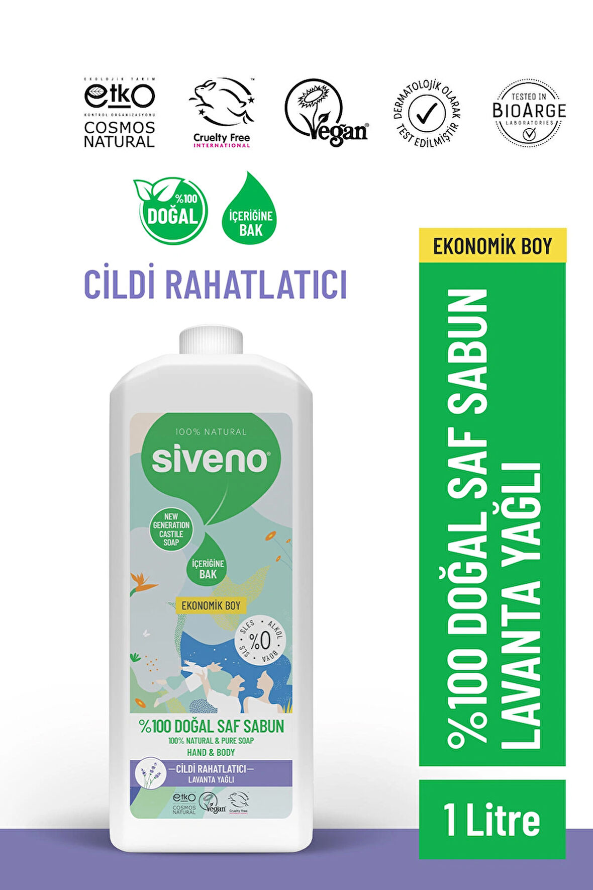 Siveno %100 Doğal Sıvı Kastil Sabun Lavanta Yağlı Cildi Rahatlatıcı Nemlendirici Arındırıcı Bitkisel Vegan 1000 ml