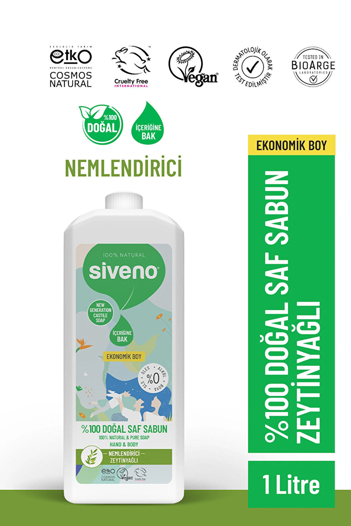 Siveno %100 Doğal Sıvı Kastil Sabun Zeytinyağlı Yoğun Nemlendirici Bitkisel Vegan 1000 ml
