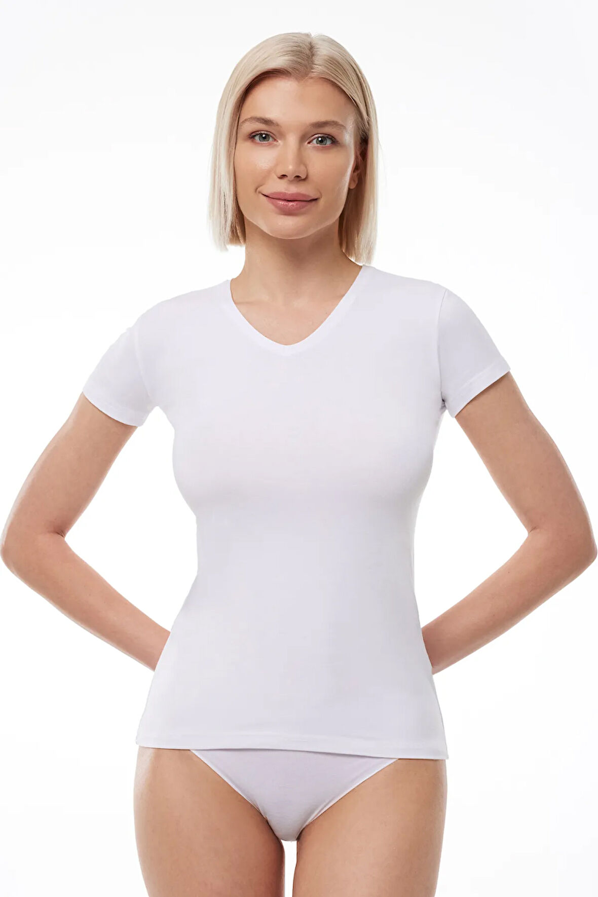 Kadın Beyaz V Yaka Kısa Kollu Modal Body 145