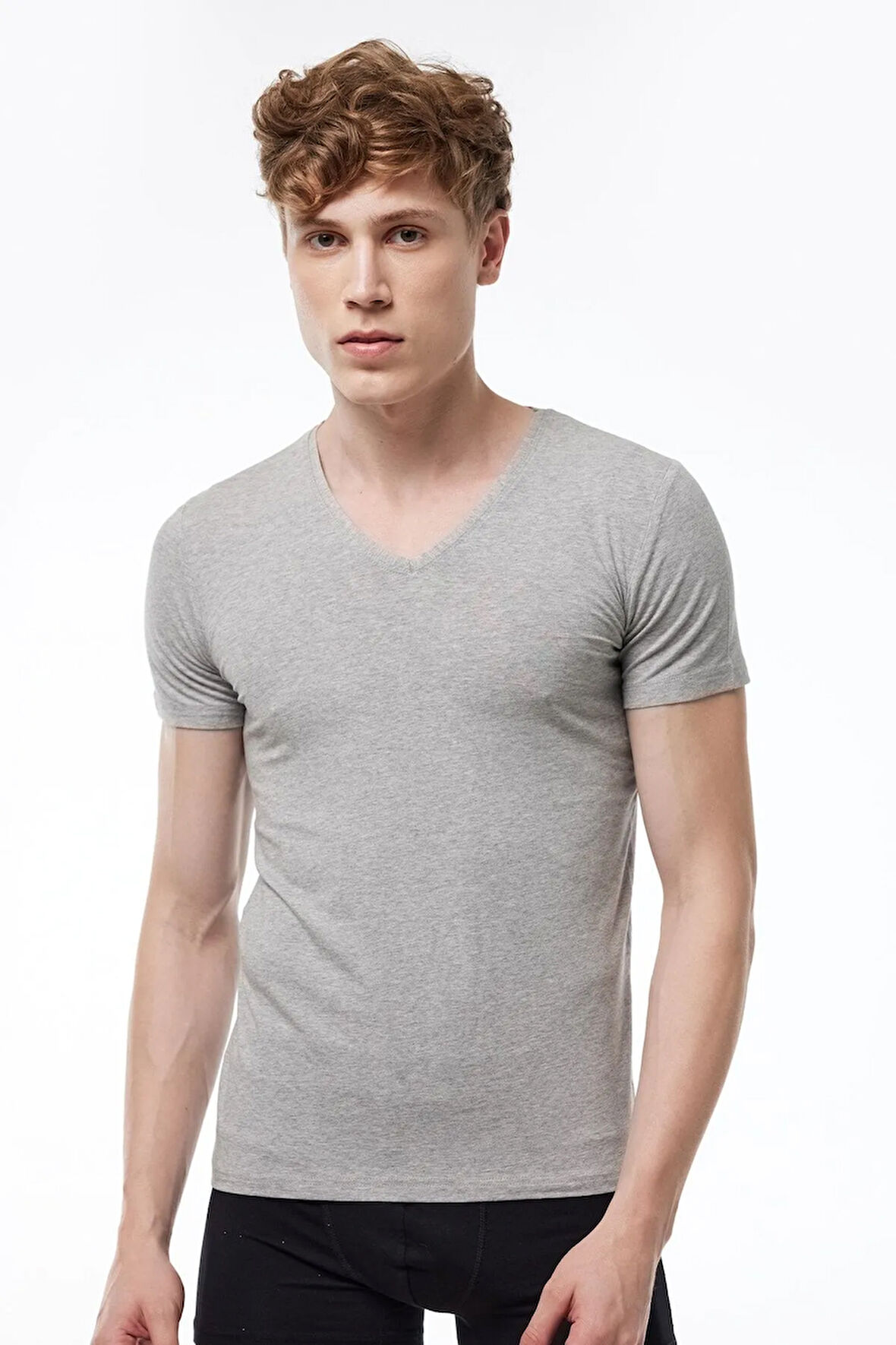 Erkek Gri V Yaka Kısa Kollu Modal T-shirt Body 032