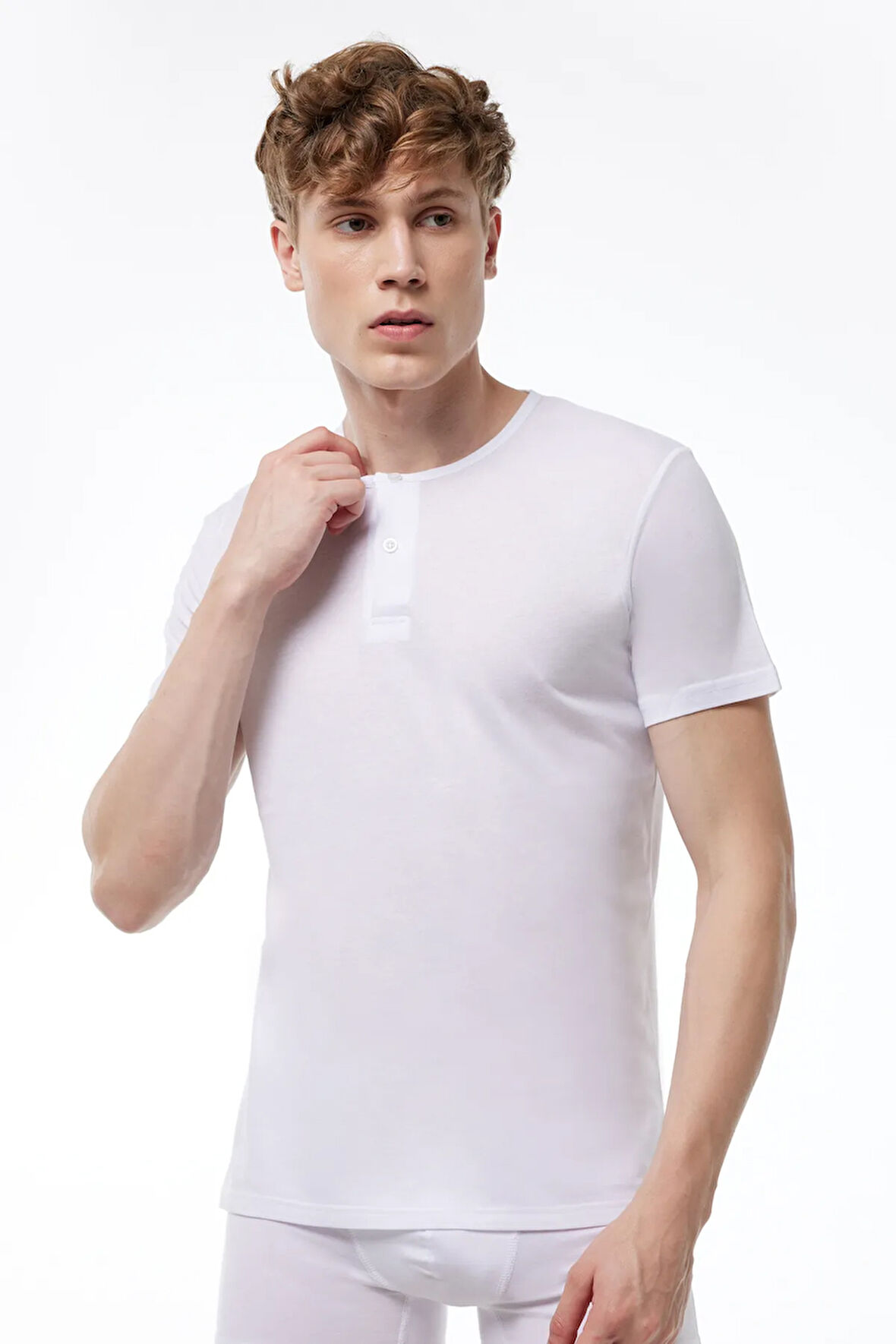 Erkek Beyaz Düğmeli Yaz Serinliği T-shirt 083