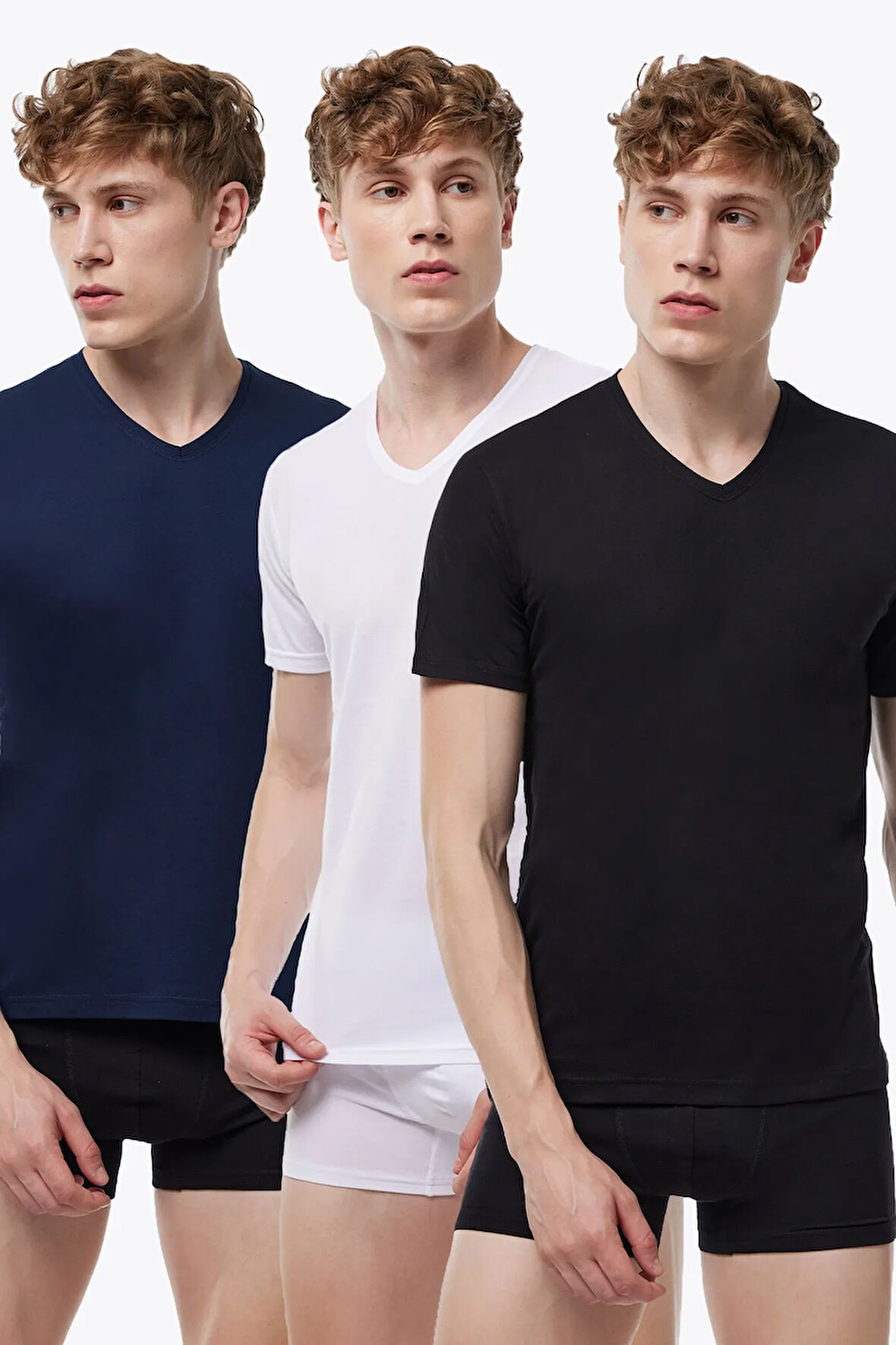 Erkek Siyah Füme Taş Rengi 3 lü V Yaka Modal İnce Yaz Serinliği Tişört 3M085