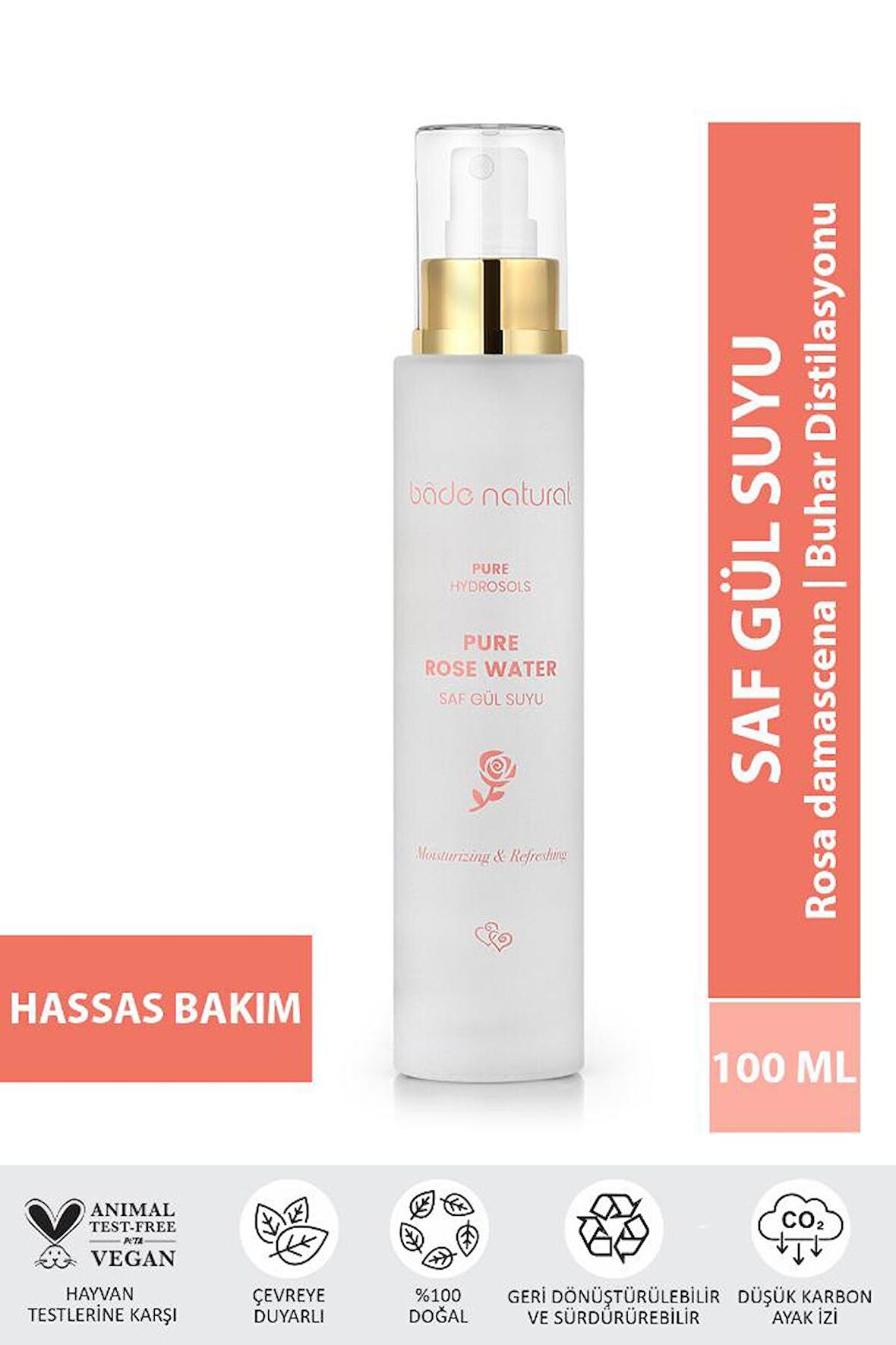 Bade Natural Gül Suyu Gözenek Sıkılaştırıcı Aydınlatıcı ve Arındırıcı Tonik %100 Doğal ve Saf 100 ml