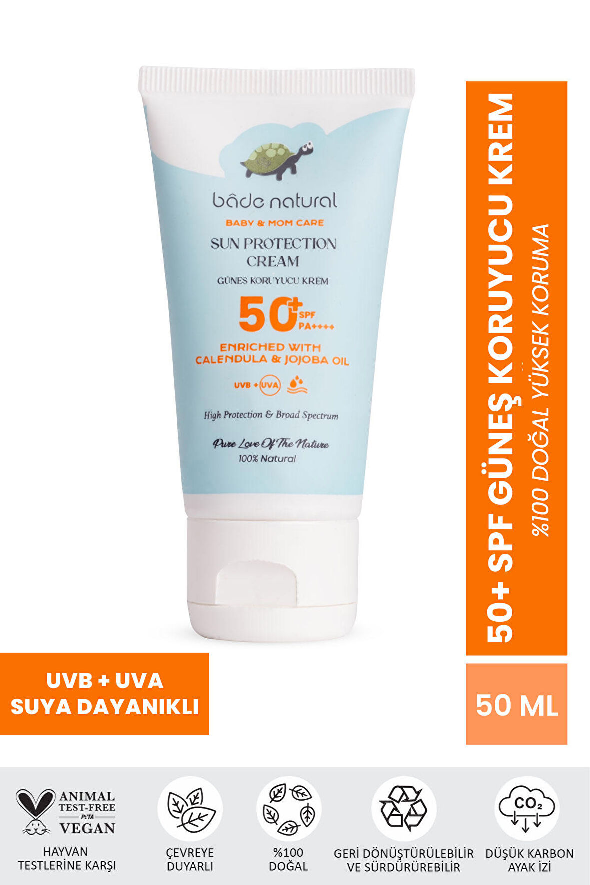 Bade Natural %100 Doğal 50+ SPF Yüksek Korumalı Çocuk Güneş Koruyucu Krem Mineral Filtreli 50 ml