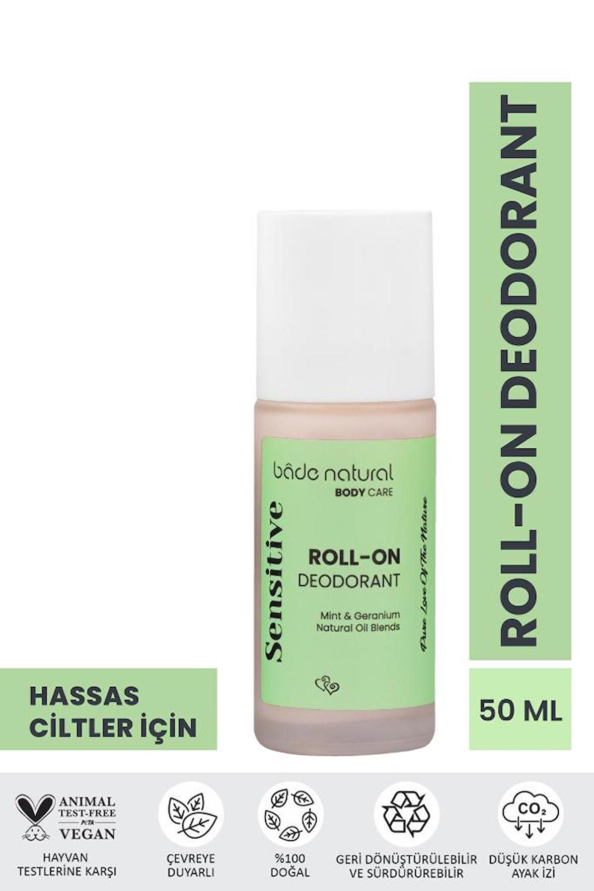 Bade Natural Doğal Roll On Hassas Ciltler İçin Ter Kokusu Önleyici Koltuk Altı Deodorant %100 Doğal ve Vegan 50 ml