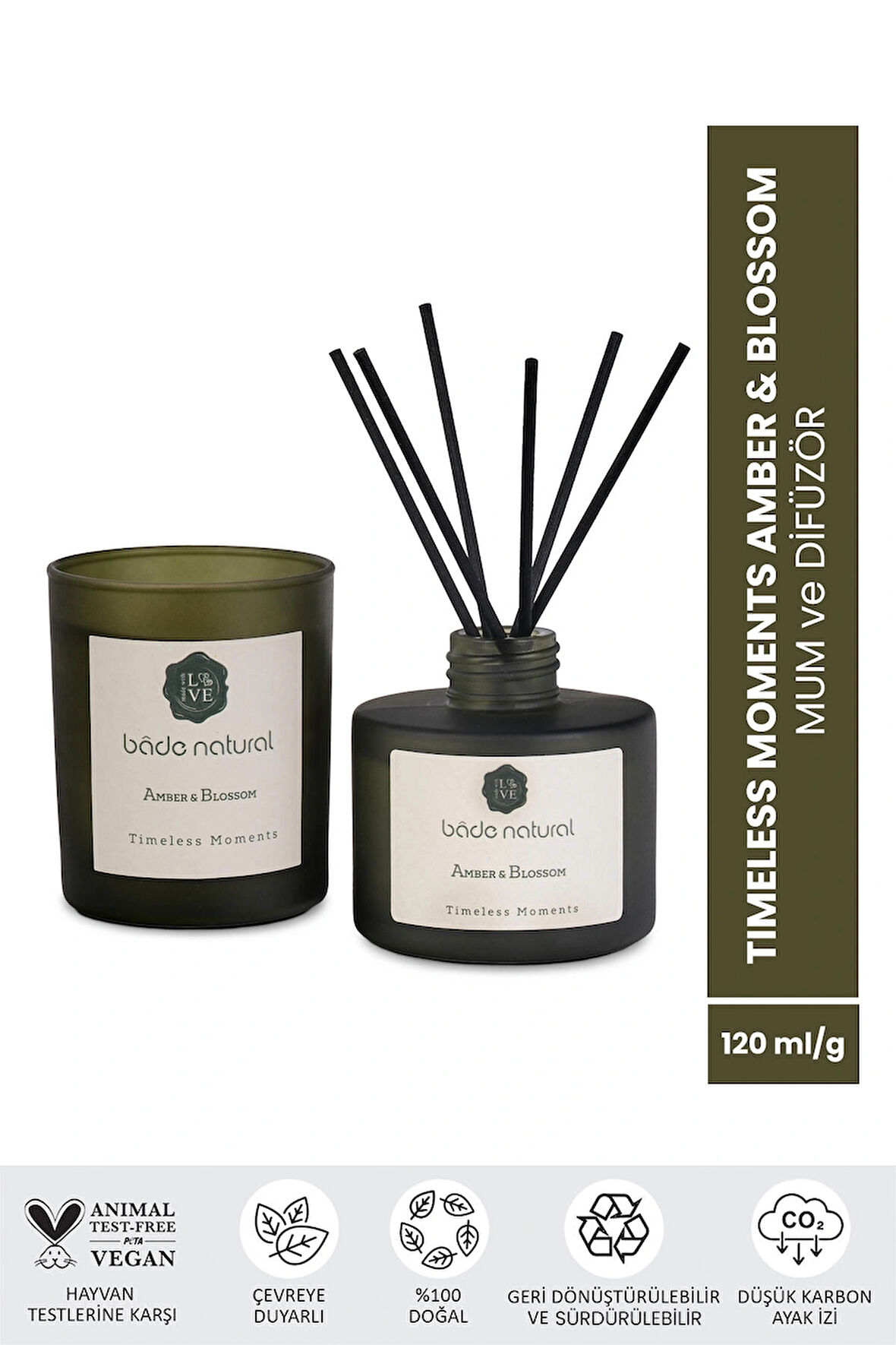 Bade Natural Timeless Moments Amber & Blossom Soya Mumu ve Çubuklu Oda Kokusu Seti
