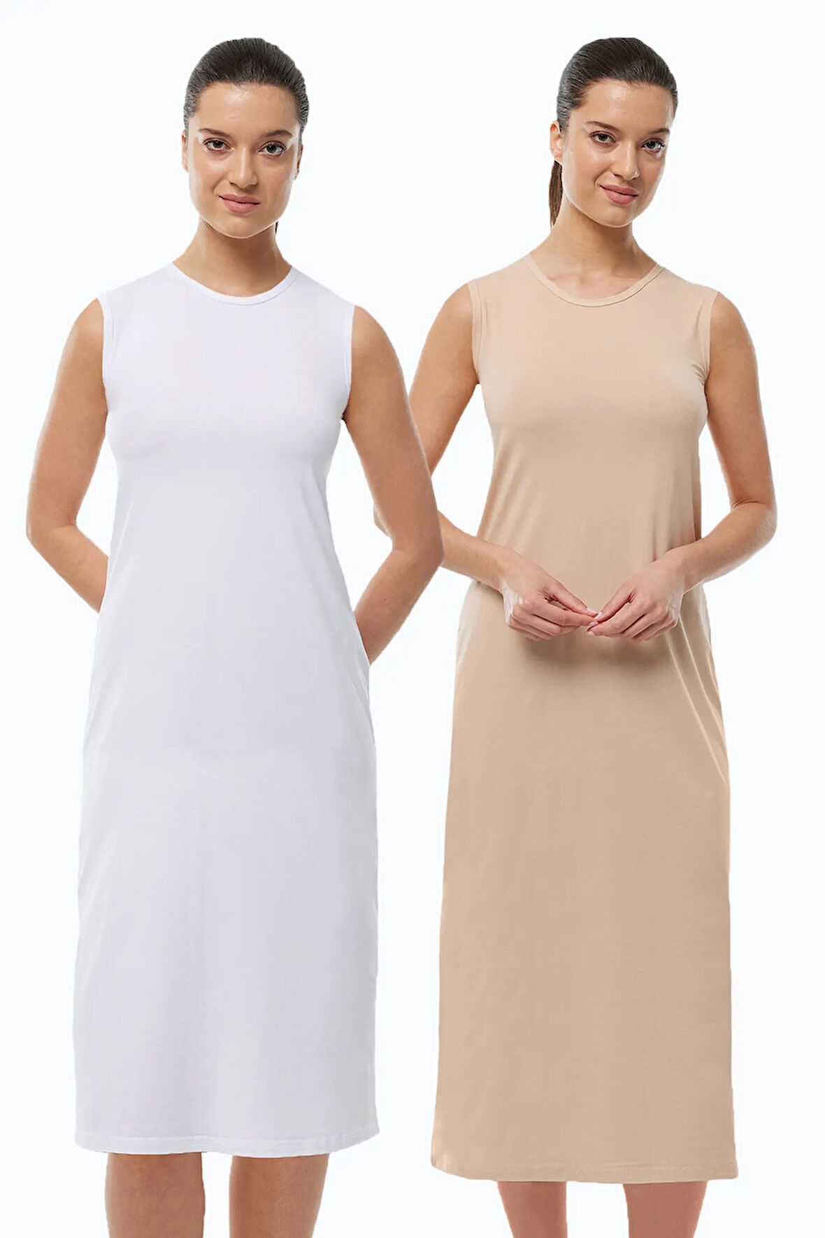 Kadın Beyaz Ten Rengi 2 li Set Uzun Kolsuz Elbise Astarı Modal Kombinezon 2M1049