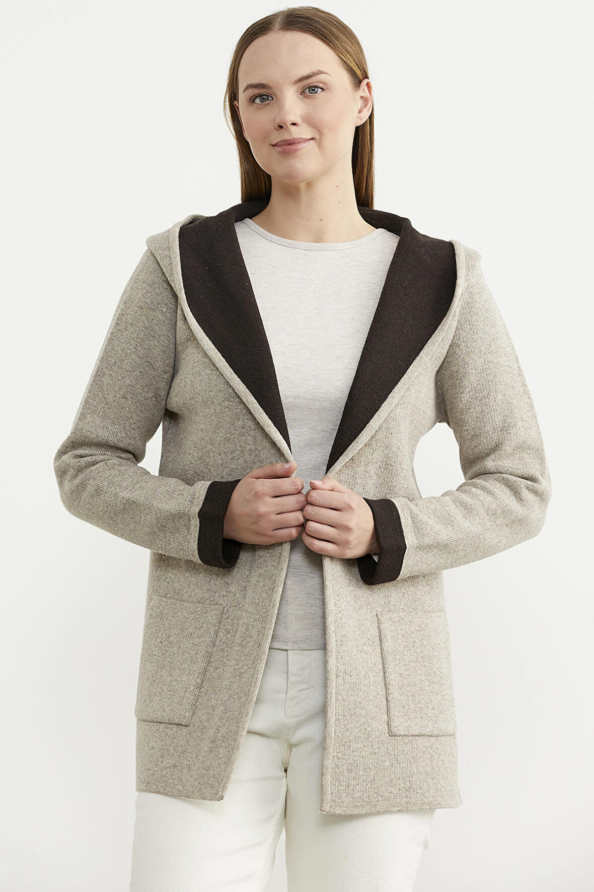 Cepli ve Kapüşonlu Yünlü Triko Ceket - Vizon - Kahverengi