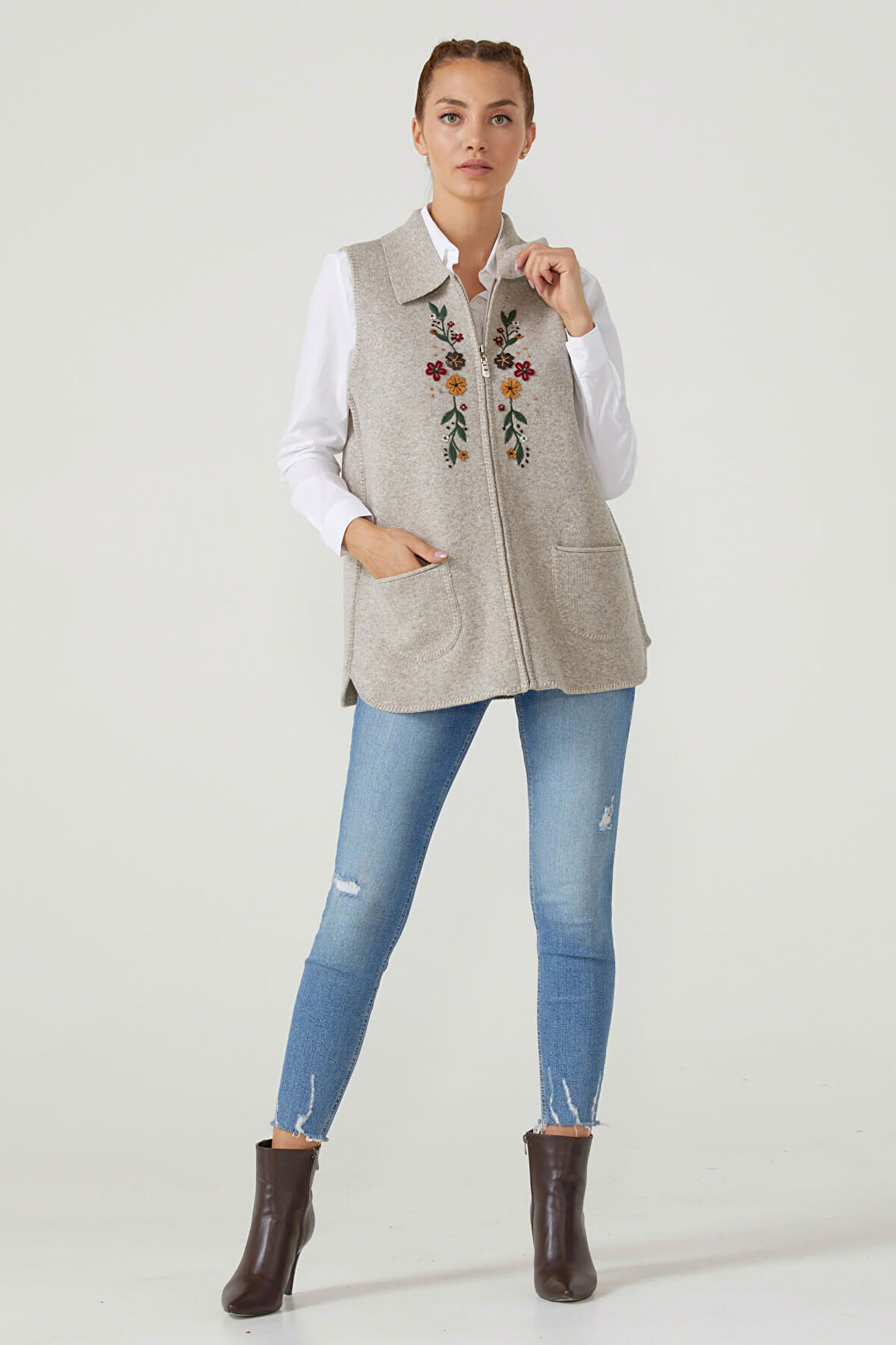 Kadın Fermuarlı Triko Yelek  - Vizon