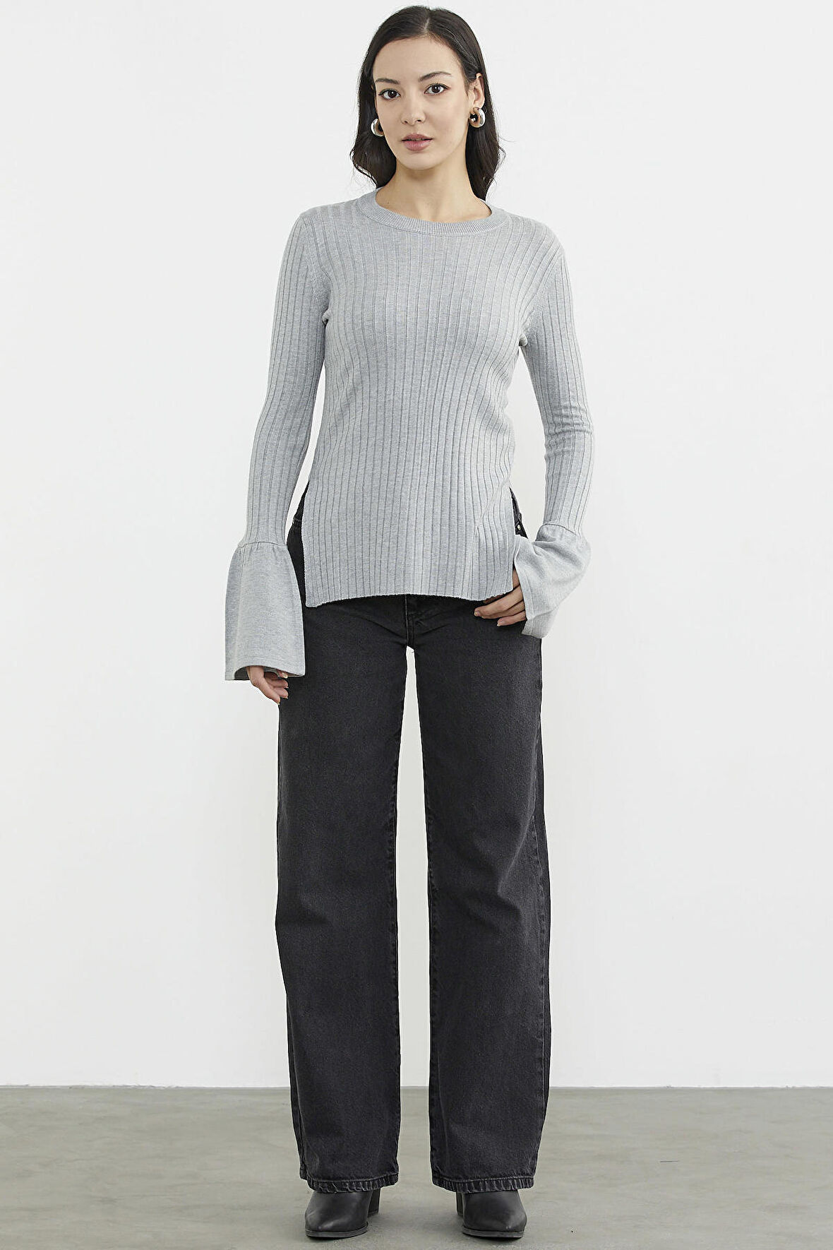 Kol Detaylı Derbili Triko Kazak - Gri